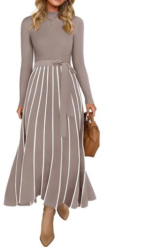 ZESICA Womens 2026 Spring Turtleneck Long Sleeve Sweater Dress Tie Waist Casual Loose Ribbed Knit A Line Midi Dresses Khaki Medium