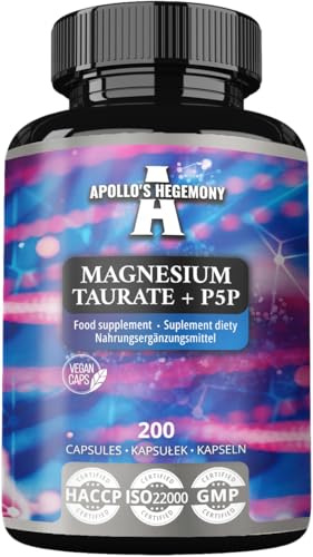 Magnesium Taurate + P-5-P 140 mg per portion - 200 veganska kapslar - 100 dagars leverans - stöder muskel- och nervfunktion - tillskott från Apollo's Hegemony