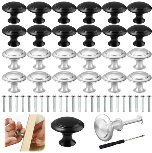 LXBCOP 24 PCS Silver Black Door Knobs, 27mm Alloy Silver Black Drawer Knobs, Cupboard Knob with Screwdrivers Screws, Black Cupboard Knob for Drawer, Wardrobe, Cupboard, Decoration