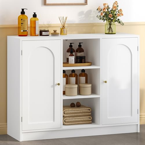 Hzuaneri Badezimmerschrank, Badschrank mit 2 Türen, Küchenschrank, Aufbewahrungsschrank, Sideboard mit 3 offenen Staufächern, verstellbare Ablage, Badezimmer, Küche, 30 x 100 x 81,5 cm, weiß SC21203X