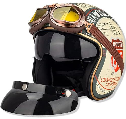 Casco De Moto Retro Medio Cuero De Abierto con Gafas De Aviador Cascos Jet Vintage Cruiser Moto Scooter Medio Casco Jet Estilo Alemán Dot/ECE Homologado para Mujer Hombre Adulto A,XL