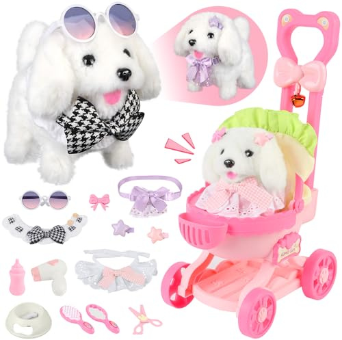 Charmofun Perrito Juguete Ladra y Anda, Juguetes Perros con Cochecito, Electrónico Peluche Cachorro Juguete Interactivo Robot Perro, Animales de Juguetes Regalos para Niñas 3 4 5 6 Años