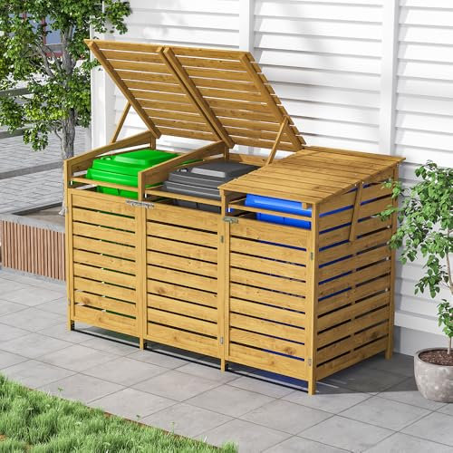 Warmiehomy 3 Wheelie Bin Storage 3 x 240L Wooden Bin Storage for Wheelie Bins, Wooden Recycling Bins Store Outdoor, 1 CM Thick Wood Board, 198 x 86 x 122.5 CM, Yellow