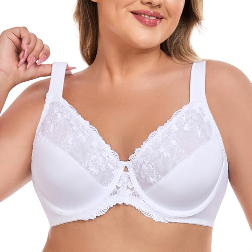 Ayigedu Women's Underwire Bra NonPadded Floral Lace Plus Size Full Coverage Minimizer 36D
