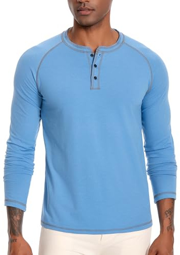 Nutria Henley U15A - Maglietta da uomo in cotone, a maniche lunghe, casual, per autunno e primavera, leggera, slim fit, con bottone, Blu, S