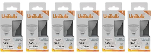 Unibulb GU5.3 MR16 3.4W Energy Efficient LED Spotlight Downlight Ceiling Light Bulb, 345 Lumens, 4000K Cool White, 35W Equivalent, 25,000hr Lifespan, 12V, Non-Dimmable (6)