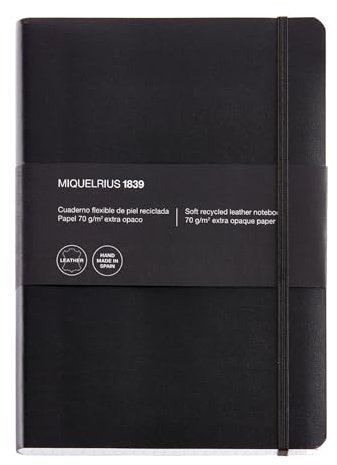 Miquelrius - Cuaderno flexible con índice alfabético de piel reciclada A5+ (152 x 210 mm), 300 hojas, Papel cuadriculado 5 mm, Con goma elástica, Fabricado en España, Color negro