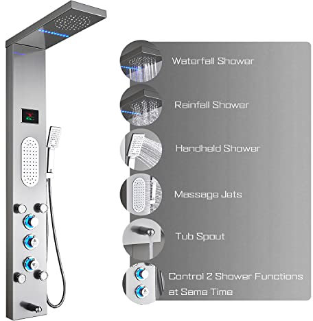 ELLO&ALLO LED Shower Panel Tower System, Rainfall and Mist Head Rain Massage Stainless Steel Shower Fixtures with Adjustable Body Jets, Brushed Nickel