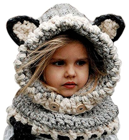 Freessom Bonnet Echarpe Set Hiver Cagoule Renard Unisexe Bebe Enfant Garcon Fille Mignon Kawaii Chaud Tricote Laine Chapeau Bobs Protection d'oreilles (Gris)