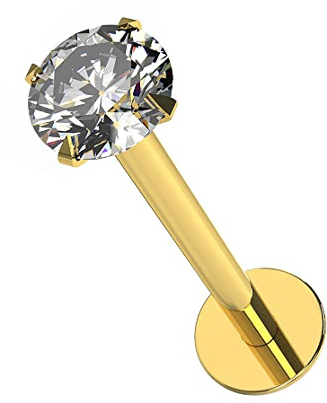 Juego de Garras de Oro Amarillo Macizo de 14 Quilates, Piedra de circonita Redonda de 2 mm, Parte Superior roscada Interna, Calibre 16, Labio Hueco, labret, Tragus, Barra, joyería para Piercing