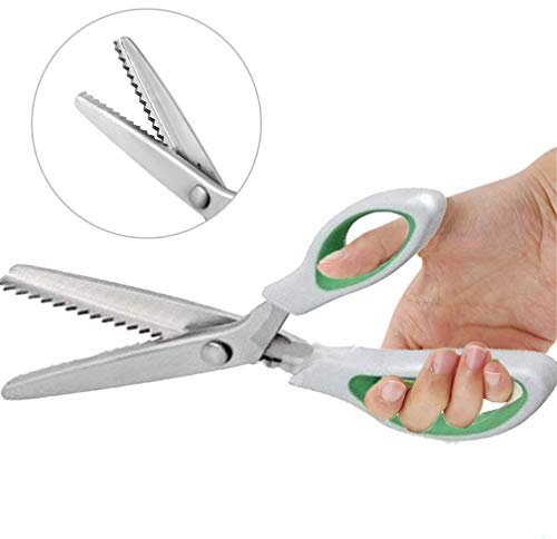 Forbici per sartoria con cesoie a zig-zag, forbici per tessuti, forbici professionali e resistenti, in acciaio inox, per ricamo, sartoria, carta, artigianato, impugnatura comoda Serrated5mm green2
