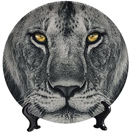 Lyzelre Ceramic Home Wobble-Plate, Wild Lion Face Yellow Eye, with Display Stand Decoration Household Decorative Display Plates, 10