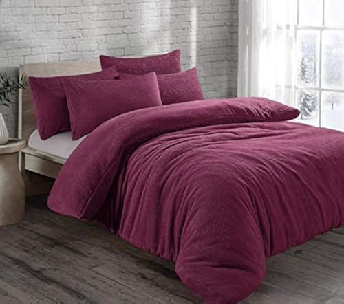 EXQUIZIT HOME® Juego de funda de edredón de forro polar teddy, juego de ropa de cama de forro polar teddy súper suave con fundas de almohada, funda de edredón cálida y acogedora para invierno (ciruela