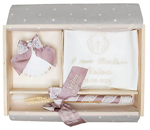 Nenel Kit de lujo Personalizado para Bautizo - Conjunto de Vela, Pañuelo y Concha bordado – Caja de madera grabada con el nombre y fecha del Bautismo - Modelo París (Rosa Maquillaje)