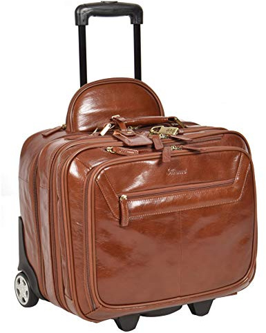 Real Leather Pilot Case Travel Laptop Bag on Wheels Telescopic Handle HOL15 (Chestnut)