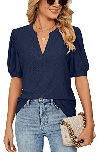 Tee Shirt Femme Ete avec Col en V Chemisiers et Blouses à Manches Courtes à Volants pour Femme Haut Top Femme Chic et Élégant (B1,XXL)