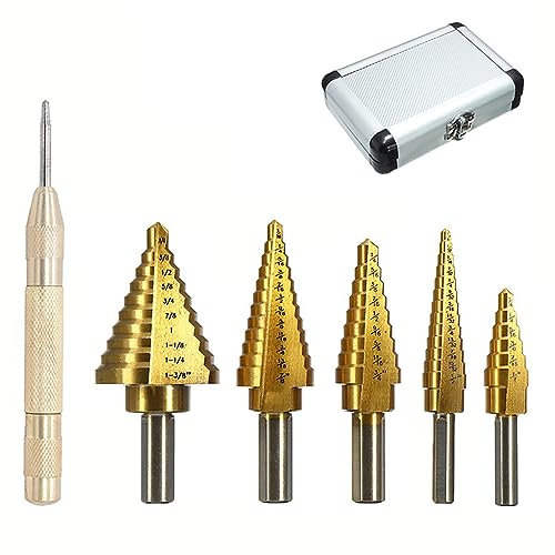 Step Drill Bits, 5PCS HSS Titanium Coated Step Drill Bit Set with 1PCS Automotive Center Punch, Total 50 Sizes Stepper Bits with Aluminum Case for Sheet Metal/Wood/Plastic