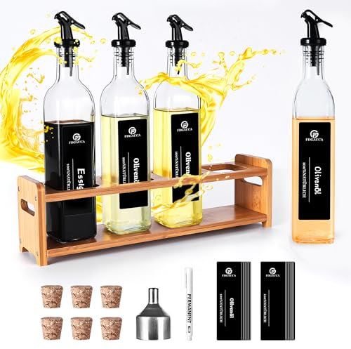 SAEIV Huile D'olive Verre Set,4 Bouteille Huile Olive 500ml,1 Support Bouteille,Set Huile Vinaigre Léger et Pratique