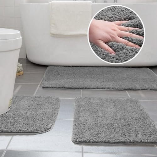 Ceneco Grau Badematte rutschfest, Badezimmerteppich Set 3 Teilig, Waschbar Badteppich+Klein Badvorleger+U-Form Toilettenmatte, Saugfähige Badezimmer Teppiche(Grau,U40x50_50x60_50x80cm)