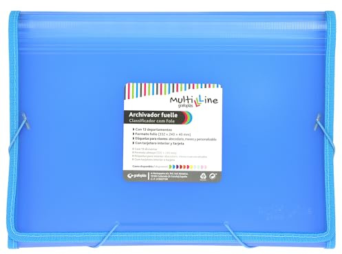 Grafoplas - Carpeta Archivadora Multiline, Azul Pastel, Tamaño Folio, 13 Posiciones Fuelle, Incluye Etiqueta para Visores y Tarjetas, Cubiertas Impermeables de Plástico
