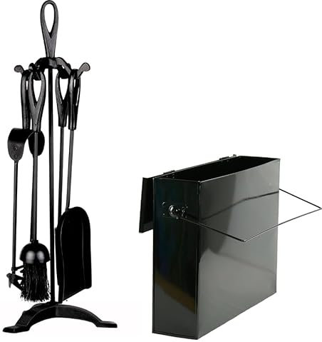 Trendi Fireside Ash Carrier Metal Hot Tidy Box Container/15L Ash Bucket with Lid| Fireplace Pan Bucket Bin| with 5 Piece Cast Iron Loop Design Companion Set (Companion Set + Black Ash Box)