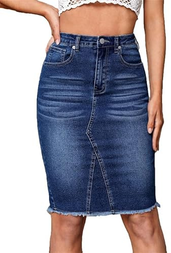VIVICOLOR damer denim midi-kjolar knälång jeanskjol dam tvättad rå fåll denim pennkjol, 2, M