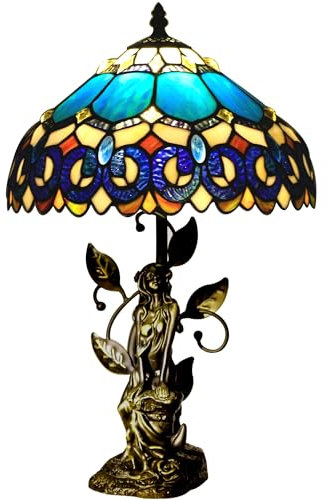 ZJART Tiffany Table Lamp Stained Glass Lamp 12X12X18.5 Inch Resin Sculpture Antique Reading Light (Blue Jewelry Baroque)