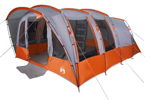vidaXL Family Tent Tunnel - 8-Person Waterproof Camping Tent – Polyester Grey with 3 Bedrooms, 7 Windows