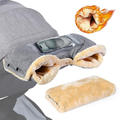 Orzbow Kinderwagen Handwärmer, Warm Kinderwagen Handschuhe mit Lammfellimitat, Stabil Handmuff für Kinderwagen mit Handyfach, Wetterfester Stoff, Extremer Komfort, Grau