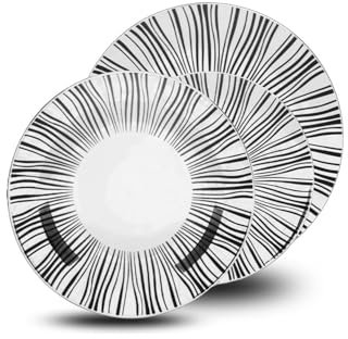 Servicio de platos de porcelana con hojas blancas y negras – Juego de 18 piezas compuesto por platos llanos, hondos y de postre – Ideal para cualquier ocasión y fáciles de limpiar en lavavajillas