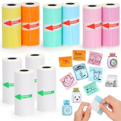 HUIJUTCHEN 10 Rolls Mini Printer Paper for Receipt Printers - 4 White & 6 Colorful Thermal Sticky Paper, 57X25mm, for Notes, Journal, Memo, Photo, Study