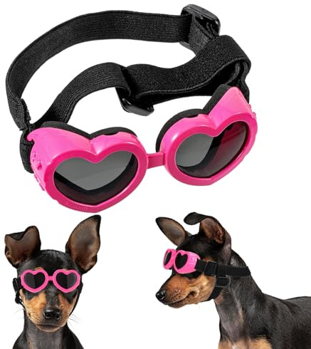 Ptwola Small Dog Sunglasses UV Protection Goggles Eye Wear with Adjustable Strap, Heart Shape Anti-Fog Windproof Glasses Pink Pet Sunglasses for Outdoor Activities and Photo Props