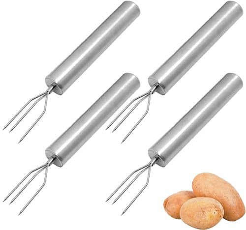 VZU Set di 4 forchette per patate a pellet in acciaio inox con 3 denti, forchetta di mais, forchetta per patate, strumento portatile, manico ergonomico, argento, ideale per verdure e grigliate