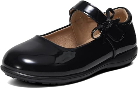 MK MATT KEELY Zapatos escolares planos para niñas y niñas, color negro, zapatos Mary Jane para niñas, zapatos cómodos de uniforme, Negro charol con lazo, 28 EU