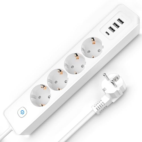 Steckdosenleiste mit USB C 4 Fach Mehrfachsteckdose Wandmontage Mehrfachstecker Überspannungsschutz 3680W 16A Steckdose mit Schalter Verlängerungskabel 1,8M für Zuhause Büro Weiß