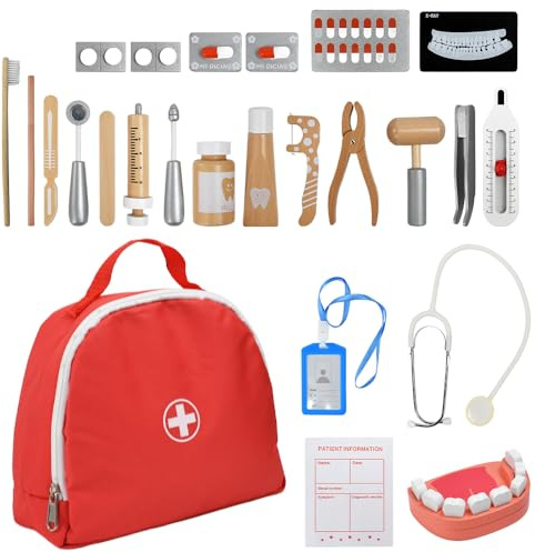 Vunanvu 23 Pezzi Valigetta Medica in Legno Valigetta del Dottore Dentista Pratica Giochi di Ruolo Giocattolo Set Giocattolo Medico con Stetoscopio Siringa Termometro per Giochi di Ruolo