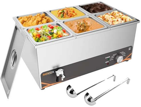 PATIOZA Commercial Bain Marie 6×1/6 GN Electric Food Warmer,1500W 30-85°C Adjustable Thermostat Stainless Steel Buffet Warmer with Drain Tap for Restaurant Catering Buffet Party Canteen