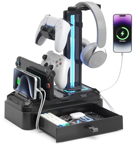 KDD Supporto Cuffie con Porte USB A&C - Supporto Controller e Ganci Rimovibili - Appendi Cuffie Girevole e Slot per Dispositivi per Telefoni/Tablet - Base con Cassetto per Scrivania, Gaming