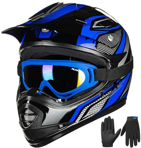 ILM Casco Moto Niño Motocross Dirt Bike para Jóven Unisex Homologado ECE22.06 Full Face Off Road ATV Enduro MTB Todoterreno con Gafas Guantes Modelo B07,Azul Negro,S