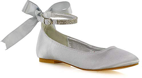 ESSEX GLAM Womens Ankle Strap Pumps Shoes Ladies Bridesmaid Satin Diamante Bow Bridal Ballet Shoes 3-8