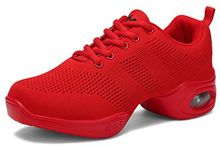YFCH Chaussures de Sport Danse Femme Maille à Lacets Gym Respirant Antidérapant Mode Basket de Danse Moderne Jazz, Rouge, 38 EU