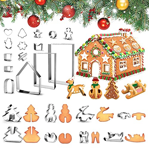 Yucch 23 Pezzi Formine Biscotti Natale, 3D Acciaio Inox Formine Casa Pan di Zenzero, Renna, Pupazzo di Neve, Albero di Natale e Slitta, Ideali per Biscotti, Fondente e Torte
