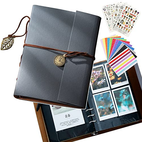 X SIM FITNESSX Fotoalbum zum Selbstgestalten 14.5x21cm Folienabdeckung Scrapbook Vintages Gästebuch Leder Fotobuch zum Einkleben DIY Geschenk mit Aufkleber Fotoecken Khaki
