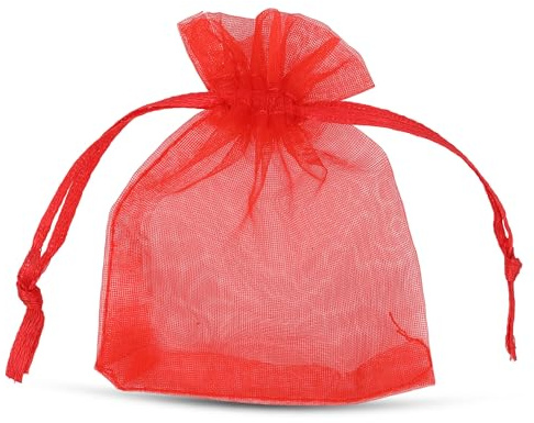WedDecor 100pcs Red Mini Drawstring Organza Bags 7cm x 9cm – Small Sheer Gift Bags for Wedding Favors, Christmas, Birthdays, Jewellery, Party Supplies - Clear Mesh Pouches