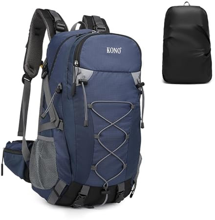 KONO 40L Wanderrucksack Multifunktionale Wasserdichte Bergsteigen Tasche Große Kapazität Reisen Klettern Rucksack mit Regenschutz für Damen Herren(Marineblau)