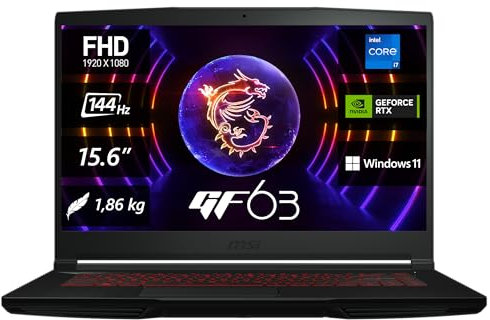 MSI Thin GF63 12UCX-1011, Gaming Laptop, 39,6 cm (15,6 Zoll) FHD, 144 Hz, Intel Core i5-12450H Prozessor, 16 GB DDR4-3200, 512 GB SSD, NVIDIA GeForce RTX 2050, Windows 11 Home, QWERTZ Tastatur