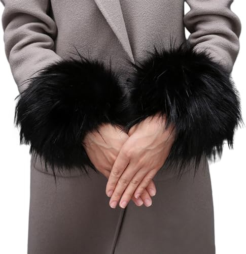 OTKARXUS Puños de Piel Sintética para Muñeca - 1 Par de Calentadores de Estilo Corto Tipo Banda - Mangas Calentadoras de Brazo de Invierno para Mujeres y Niñas, Negro, talla única