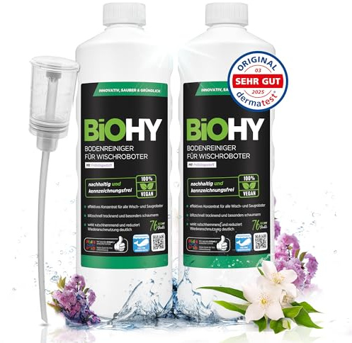 BiOHY Bodenreiniger für alle Wischroboter mit Frühlingsduft (2 x 1 liter) + Dosierer | Schaumarm & Streifenfrei | Reinigungsmittel Konzentrat für alle Böden