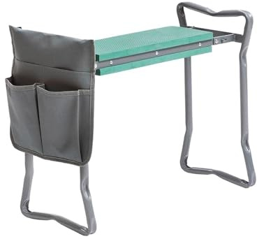 Avilia Klappbarer Gartenstuhl – Hocker mit Werkzeugtasche, 2 Positionen, zusammenklappbar, aus Eisen und Oxford-Gewebe, 60 x 49 x 27,5 cm, Grau und Grün