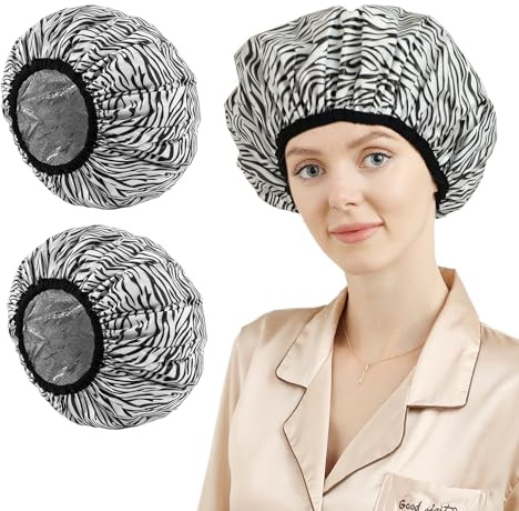 2er-Pack Tiefenbehandlungs-Haarhaube, Ölbehandlungs-Cap, Wasserdichte Duschhaube für Damen, Färbehaube, Dusch- und Wärmekappe Zwei Verwendungen (Schwarz-Weiß Gestreift)
